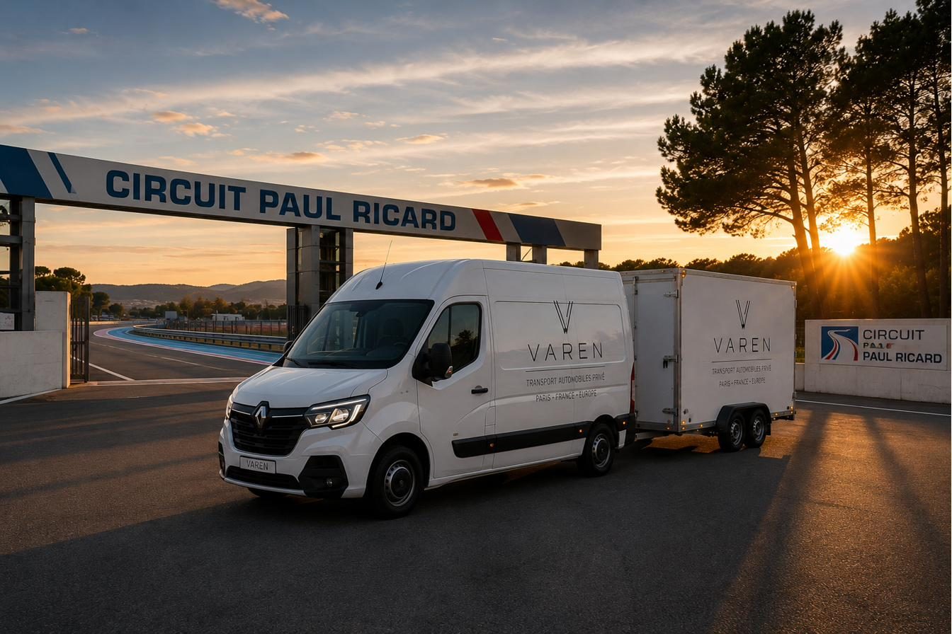 Le convoi VAREN devant l’entrée du Circuit Paul Ricard, au lever du soleil.