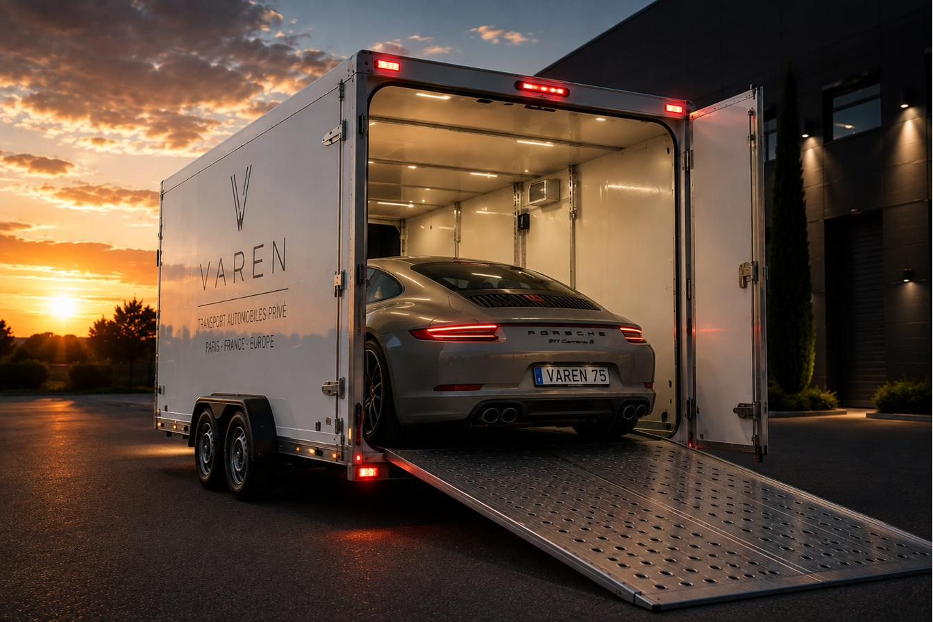 Une Porsche 911 à l’abri dans la remorque fermée VAREN, rampe aluminium déployée au couchant.