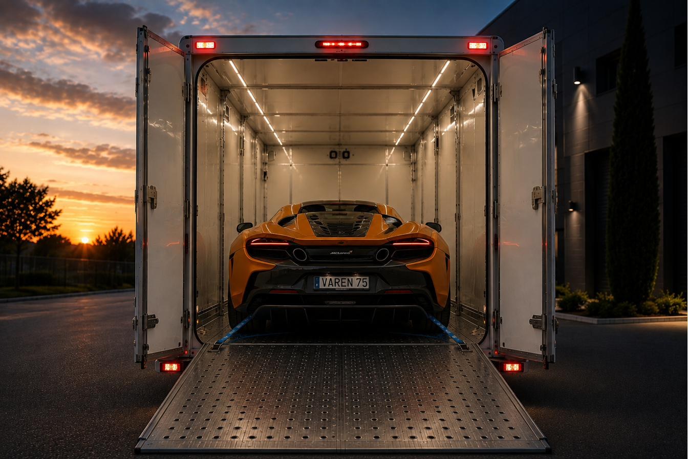 Une supercar installée dans la remorque fermée VAREN, portes ouvertes sur le soleil couchant.