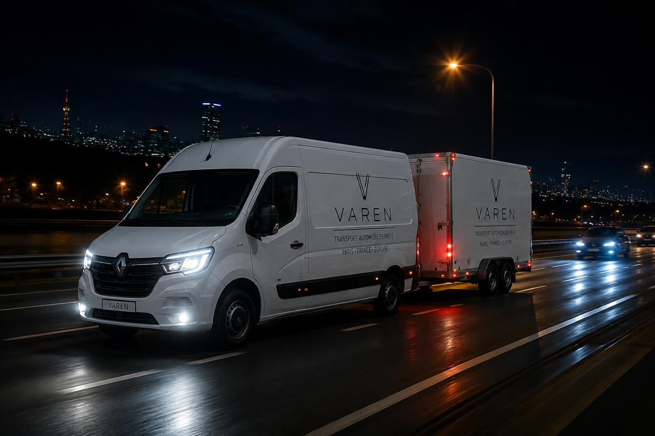 Un convoi VAREN — fourgon et remorque fermée — traverse la nuit sur une route d’Europe.