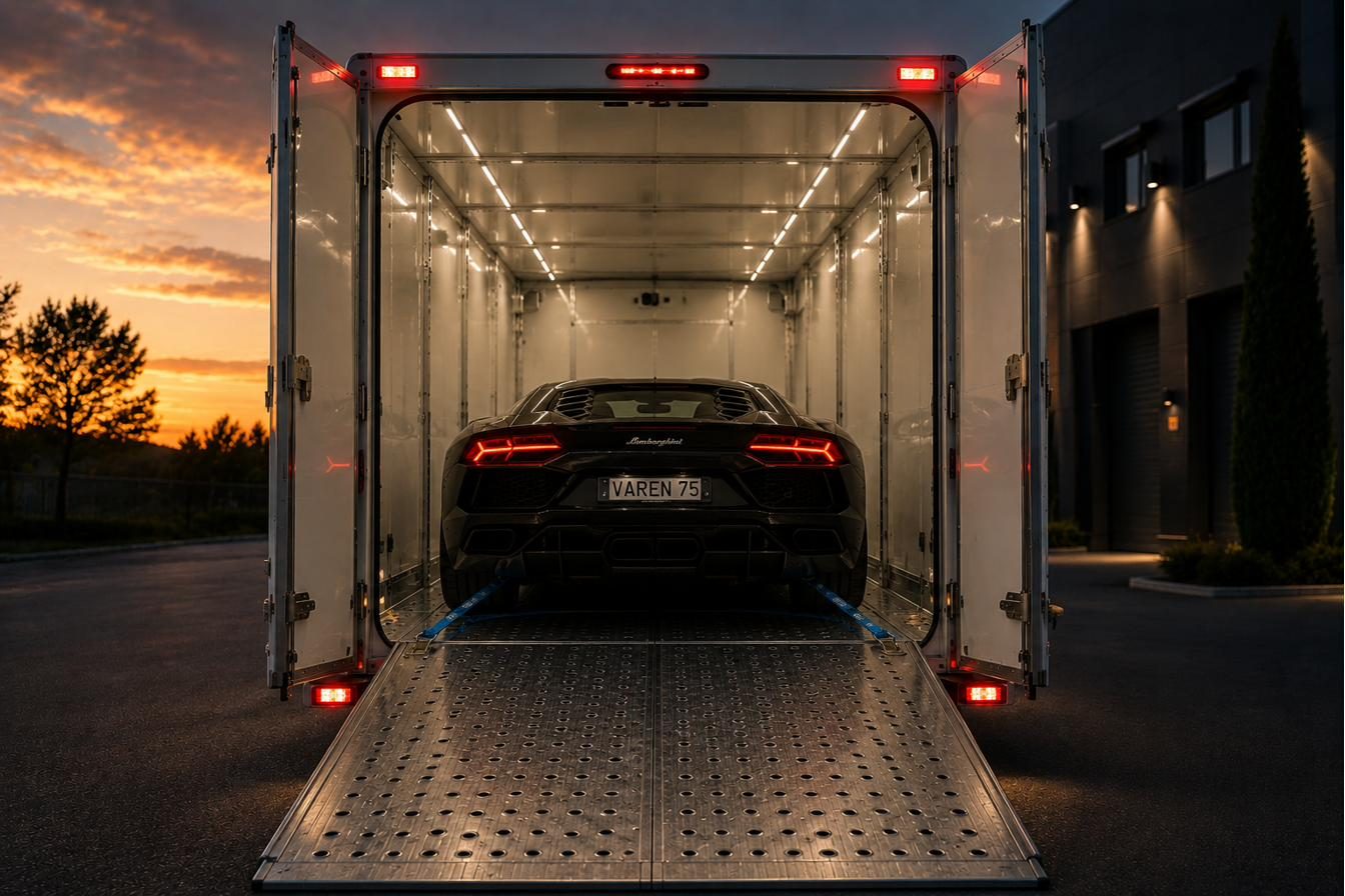 Une voiture d’exception installée dans la remorque fermée VAREN, prête pour un convoyage de nuit.