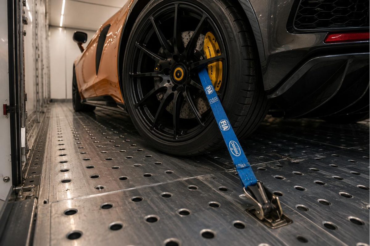 Sangle professionnelle fixée sur la roue d’une voiture de sport, dans une remorque fermée VAREN.
