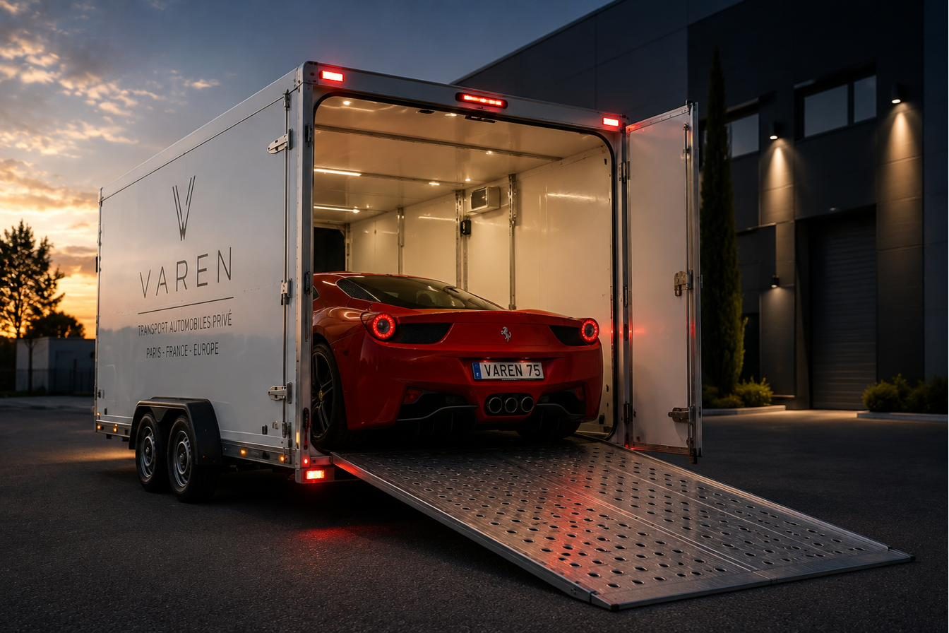Une voiture de sport italienne installée dans une remorque fermée VAREN, au crépuscule.